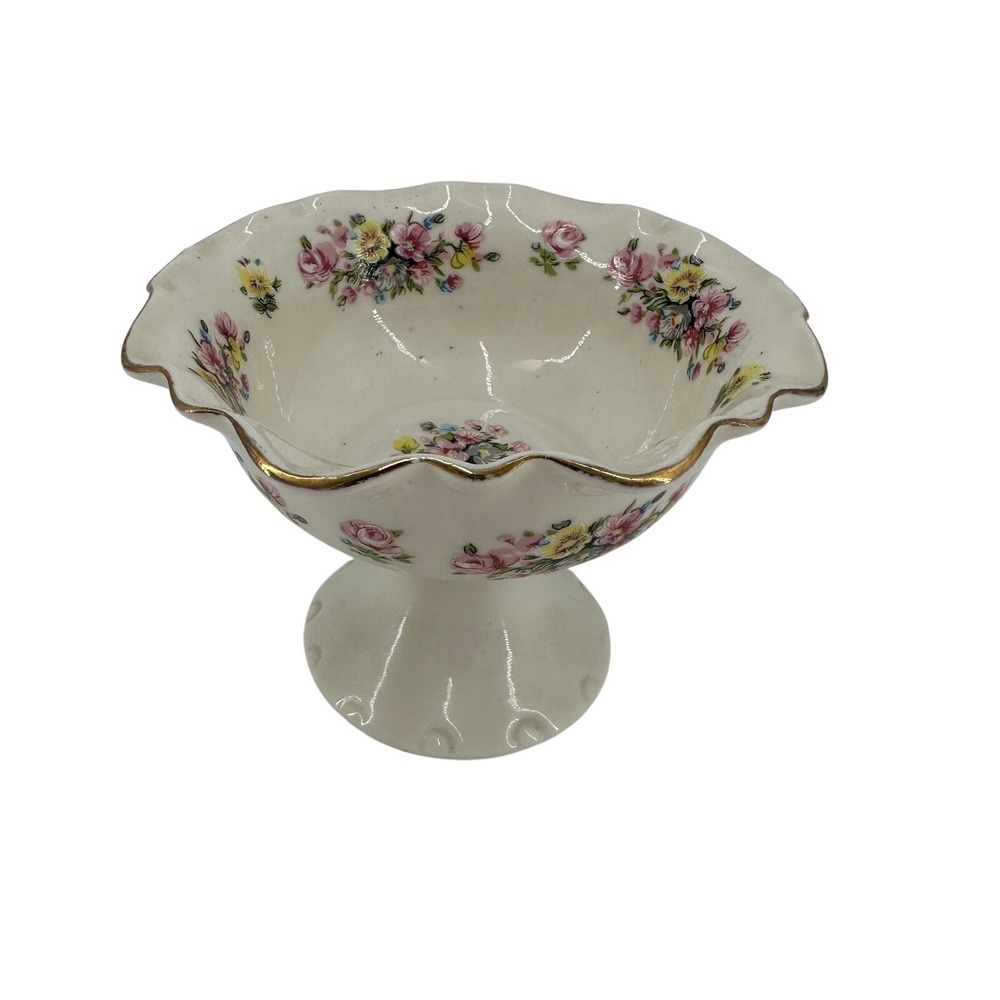 Vintage Floral Pedestal Bowl‎ with Gold Trim Cottagecore Shabby Chic Decor